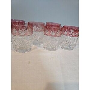 Set of 6 Vintage Etched Glass Tumblers – Pink Stain Band with Floral Motif